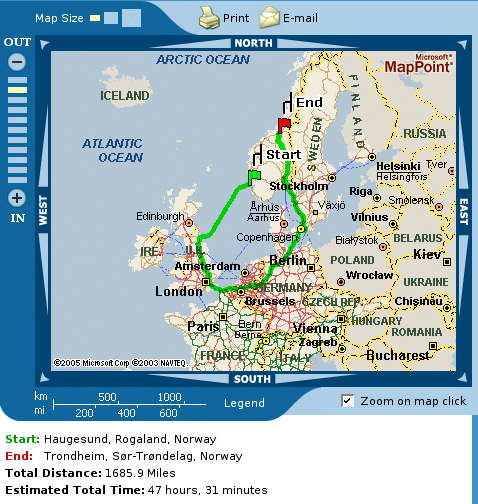 Screen shot of mappoint's
    strange interpretation of the fastest route between Haugesund and
    Trondhiem in Norway