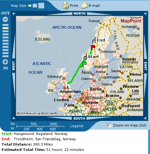 Screen shot of mappoint's
    strange interpretation of the shortest route between Haugesund and
    Trondhiem in Norway